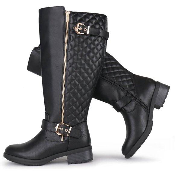 Shoes - Women Extra Wide Calf Knee High Riding Black Boot Double Buckle Retro Chic Style